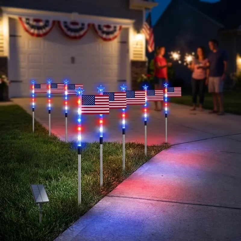 8 Solar American Flag Pathway Lights – Red, White & Blue Yard Glow for 250th Independence Celebration 🇺🇸✨