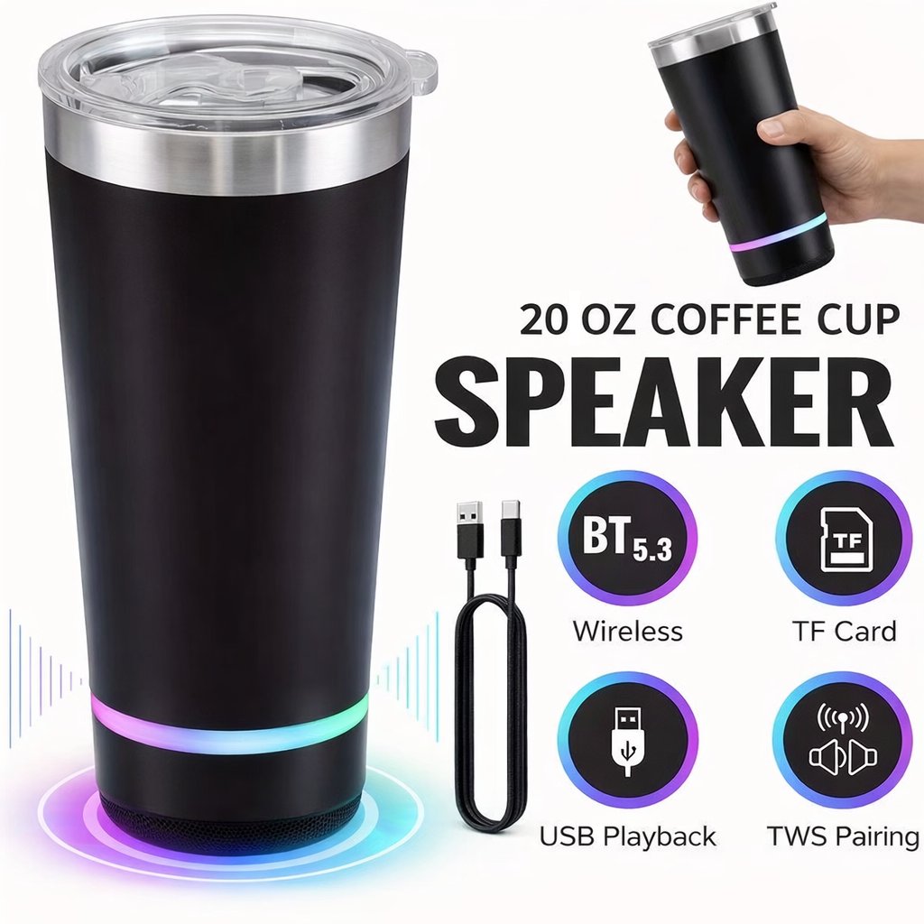 🎶20oz Bluetooth Speaker Insulated Mug🥇✨: Your Perfect Vibe for Sips & Sounds 🥳(🔓Detachable 2-Piece | RGB Lights & Temp Lock🥤)