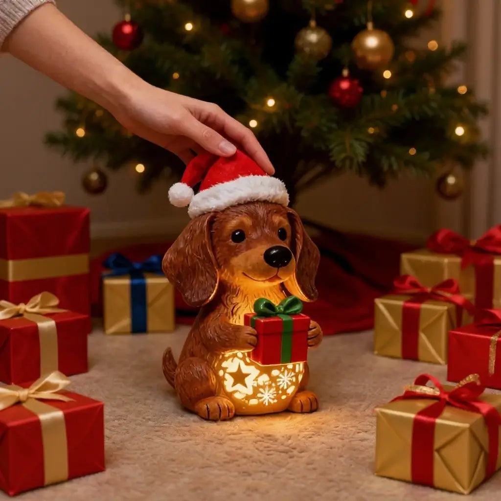 🌟Dachshund Starry Night Light—Holiday Resin Dog with Santa Hat & Gift Box