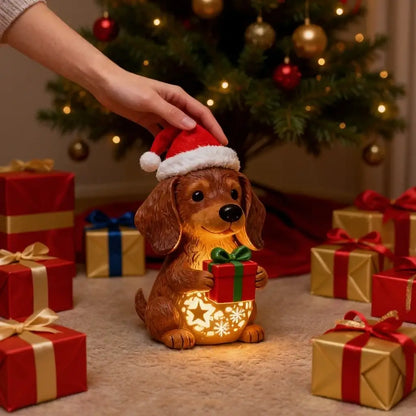 🌟Dachshund Starry Night Light—Holiday Resin Dog with Santa Hat & Gift Box