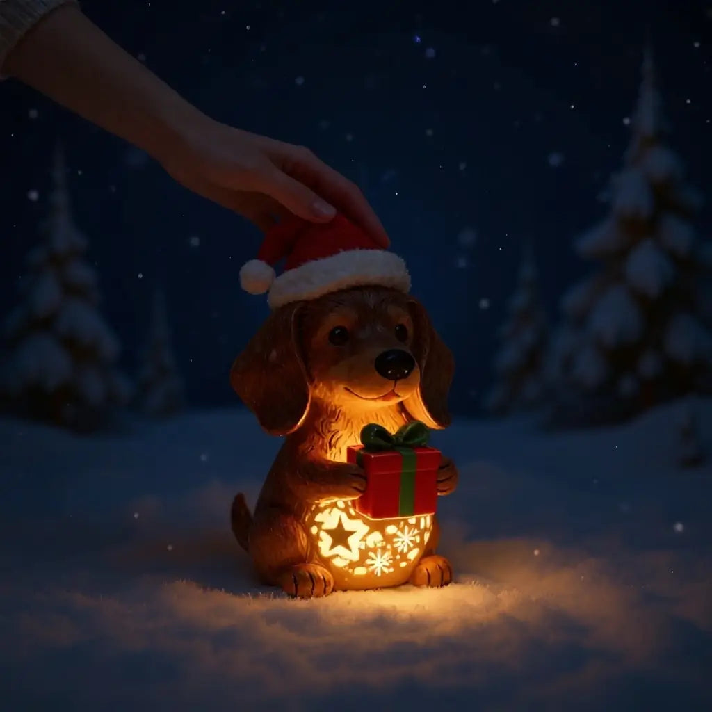 🌟Dachshund Starry Night Light—Holiday Resin Dog with Santa Hat & Gift Box