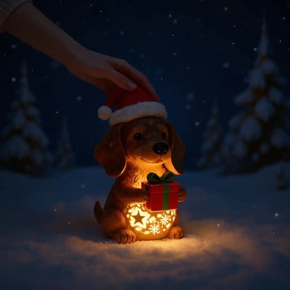 🌟Dachshund Starry Night Light—Holiday Resin Dog with Santa Hat & Gift Box