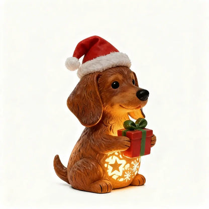 🌟Dachshund Starry Night Light—Holiday Resin Dog with Santa Hat & Gift Box