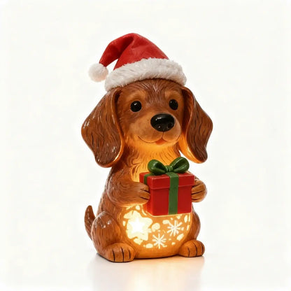 🌟Dachshund Starry Night Light—Holiday Resin Dog with Santa Hat & Gift Box