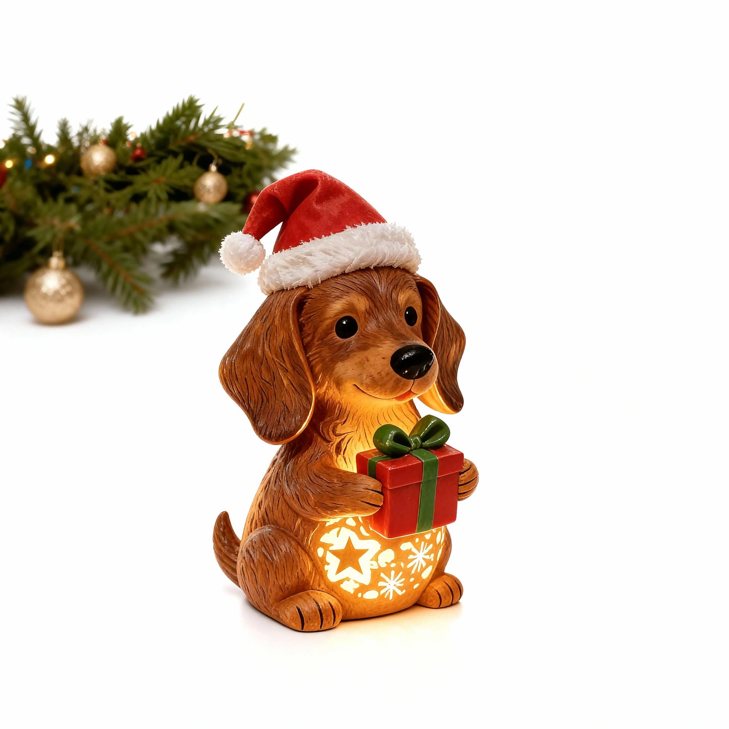🌟Dachshund Starry Night Light—Holiday Resin Dog with Santa Hat & Gift Box