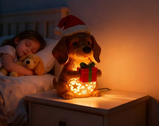 🌟Dachshund Starry Night Light—Holiday Resin Dog with Santa Hat & Gift Box