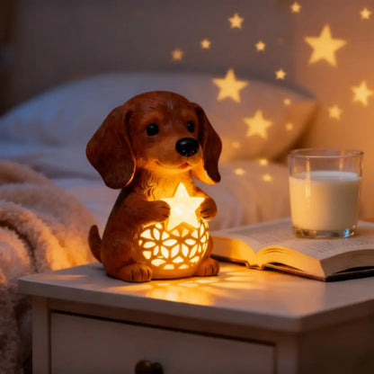 🌟Dachshund Starry Night Light—Holiday Resin Dog with Santa Hat & Gift Box
