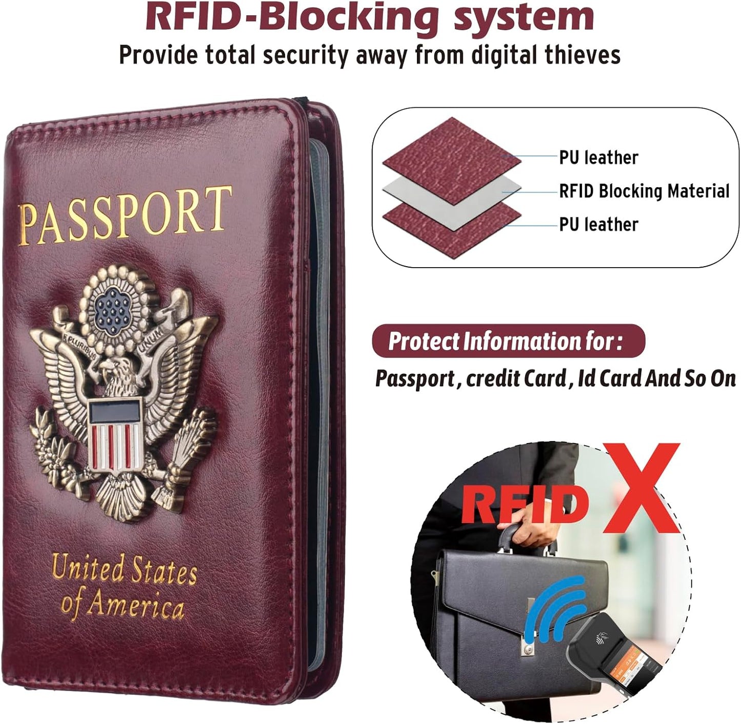 🏆35K+ SOLD!🦅Metal USA Badge Passport Holder Wallet Case - RFID Blocked, Travel Essentials Cruise Essentials