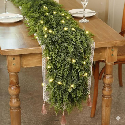 2PCS 6FT Pre-lit Christmas Cedar Garland with 50 LED Lights 140 Pine Tips Realistic Faux Greenery for Fireplace Table Mantle Wall Indoor Outdoor Winter Holiday Decorations Ornaments