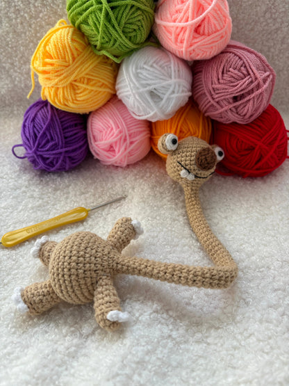 Handmade Crochet Prehistoric Sloth Bag Charm - Funny Long Neck Sloth Plush Toy,Gift for Animal Lovers