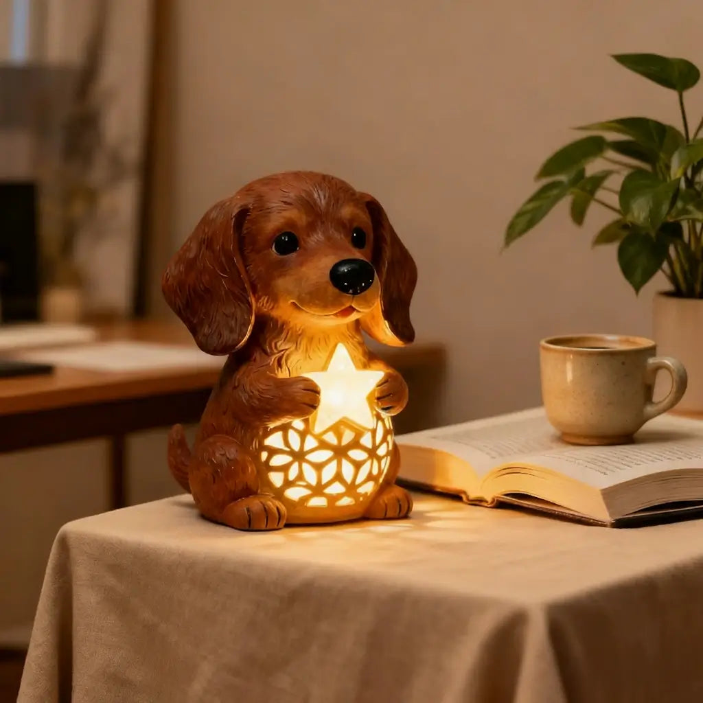 🌟Dachshund Starry Night Light—Holiday Resin Dog with Santa Hat & Gift Box