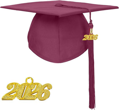 Unisex Matte Graduation Cap with 2026 Year Charm for Adult Middle High School and Bachelor
