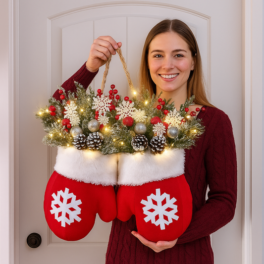 🔥Last Day 50% OFF🔥Twinkling Christmas Mitten Wreath with 120 LED Lights & 10H Auto Timer