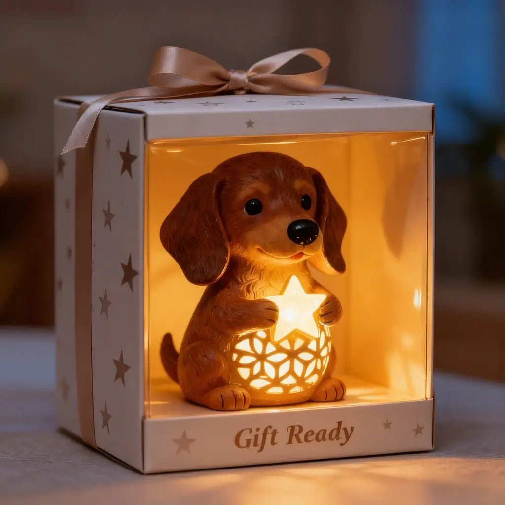 🌟Dachshund Starry Night Light—Holiday Resin Dog with Santa Hat & Gift Box