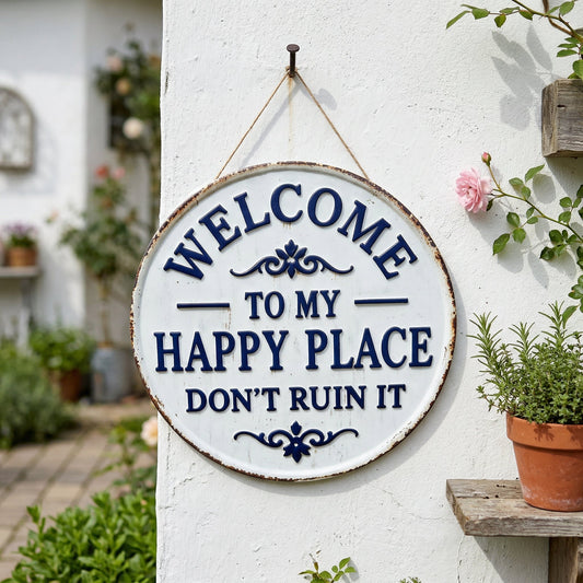 Vintage Round Metal Sign – “Welcome to My Happy Place Don’t Ruin It” Garden Wall Decor