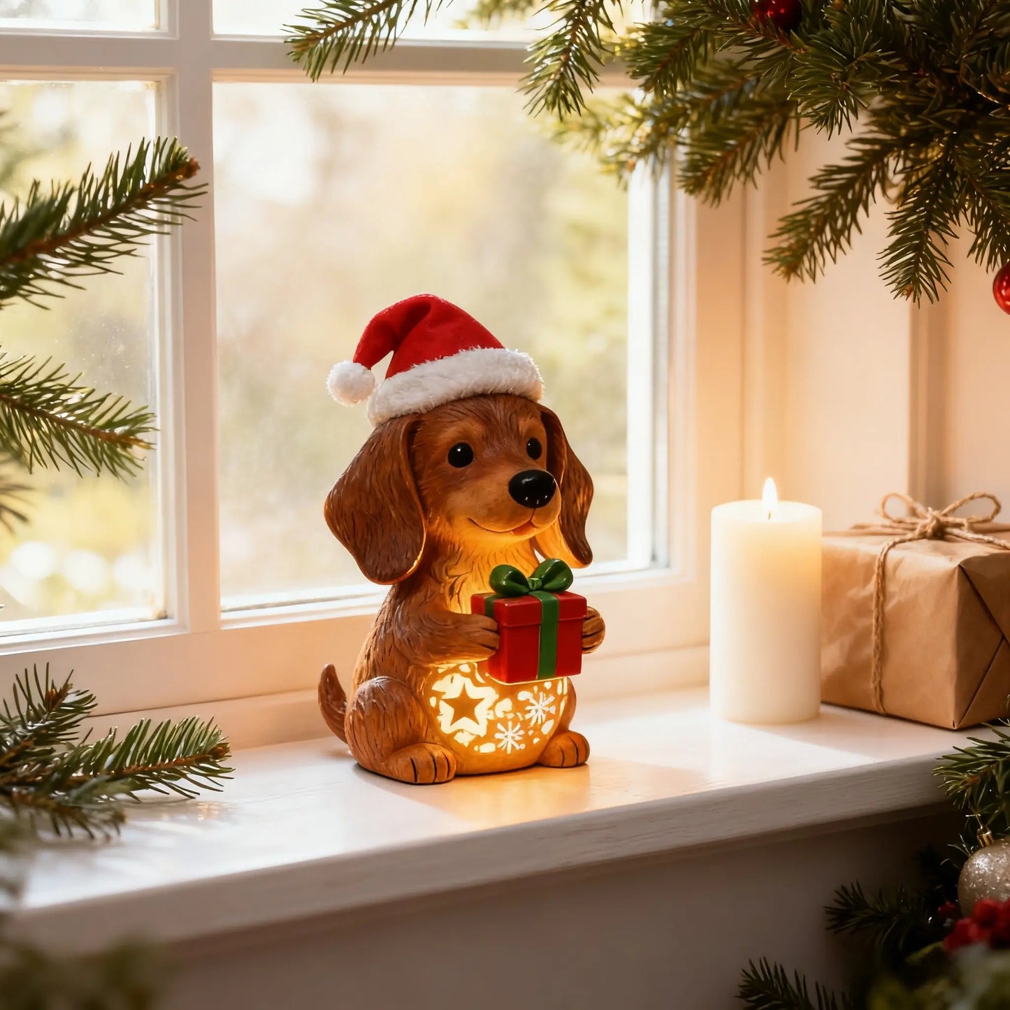 🌟Dachshund Starry Night Light—Holiday Resin Dog with Santa Hat & Gift Box