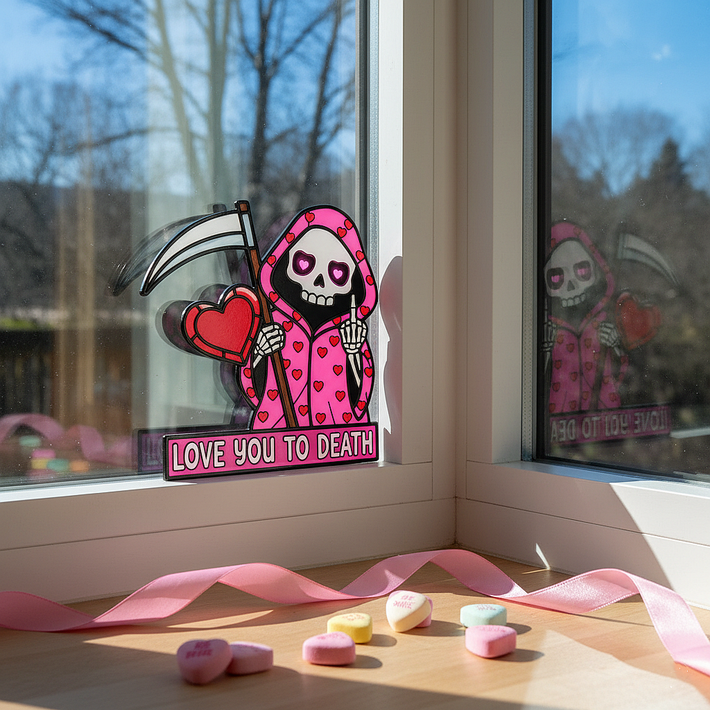 💖"Love You To Death" Grim Reaper Window Corner Suncatcher | Pastel Goth Valentine's Decor