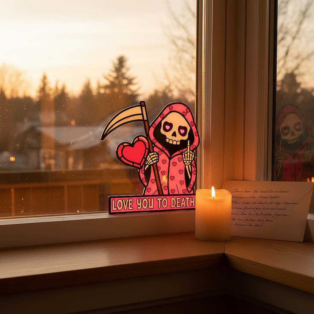 💖"Love You To Death" Grim Reaper Window Corner Suncatcher | Pastel Goth Valentine's Decor