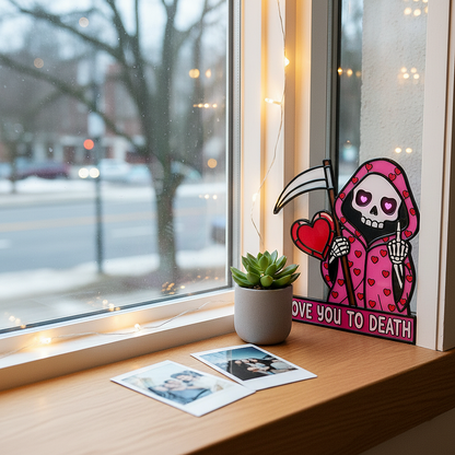 💖"Love You To Death" Grim Reaper Window Corner Suncatcher | Pastel Goth Valentine's Decor