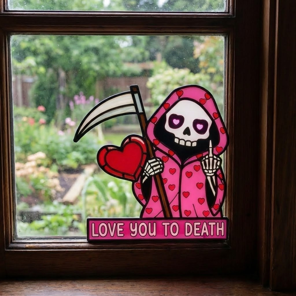 💖"Love You To Death" Grim Reaper Window Corner Suncatcher | Pastel Goth Valentine's Decor