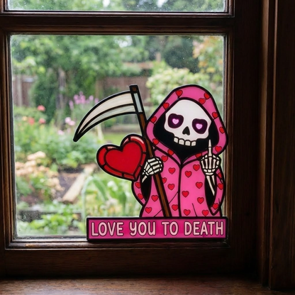 💖"Love You To Death" Grim Reaper Window Corner Suncatcher | Pastel Goth Valentine's Decor