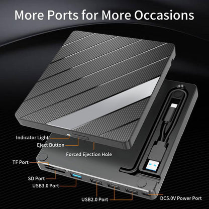 🔥Hot Sale 49% OFF🏆Laptop DVD Player USB C 3.0 Portable CD Burner with SD/TF Card Slot & 3 USB Ports Compatible with Mac, Windows, Linux