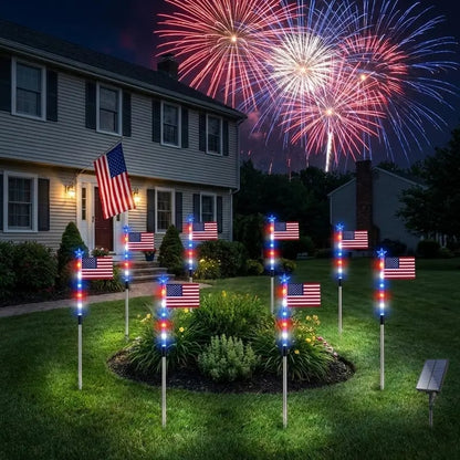 8 Solar American Flag Pathway Lights – Red, White & Blue Yard Glow for 250th Independence Celebration 🇺🇸✨